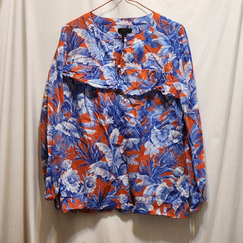 J.Crew Red White Blue Floral Mandarin Collar Layered‎ Blouse Size Medium Tall